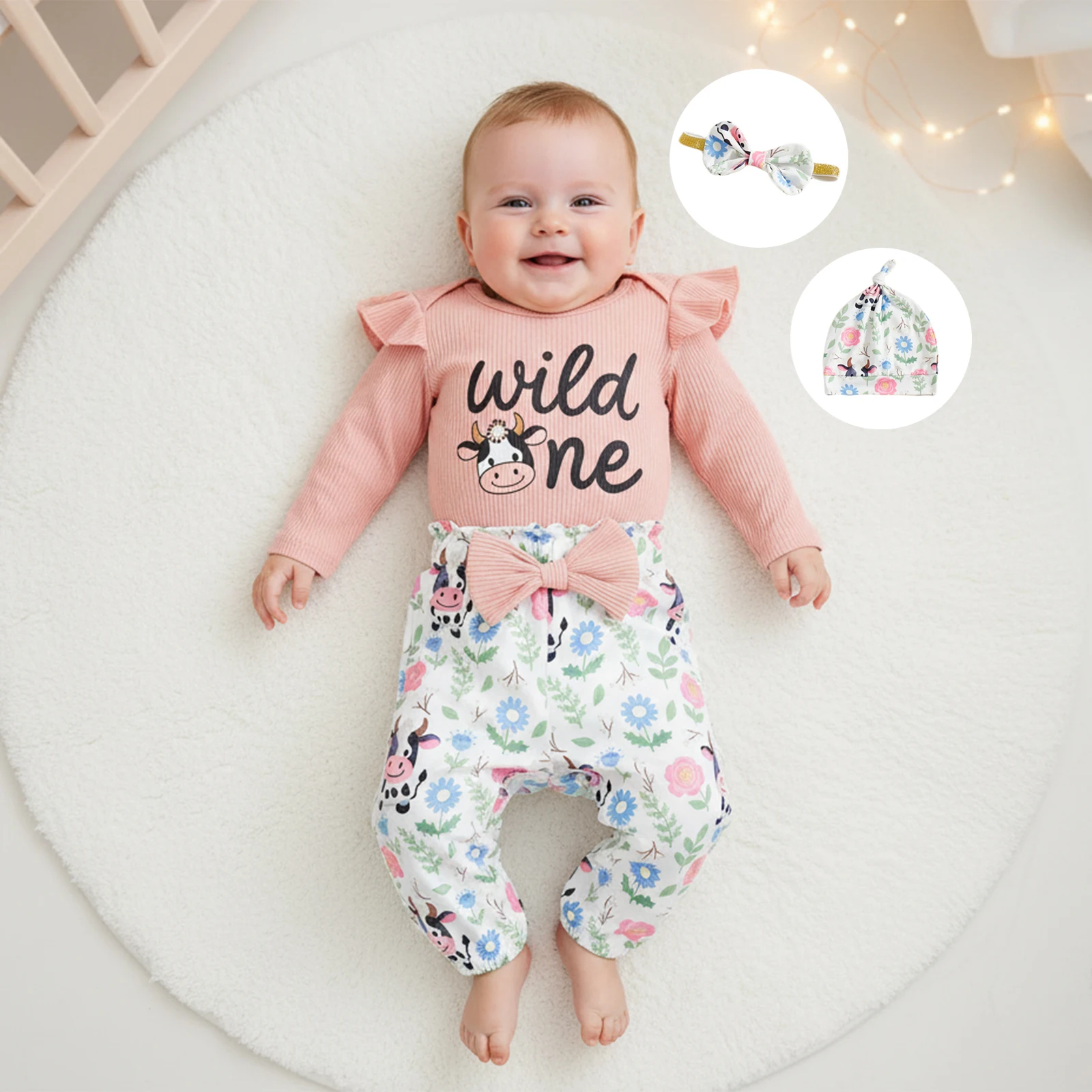 Completo da 4 pezzi per neonata, manica lunga, o collo, lettera, ricamo animale, tuta, fascia per capelli, pantaloni elastici in vita e set di cappelli