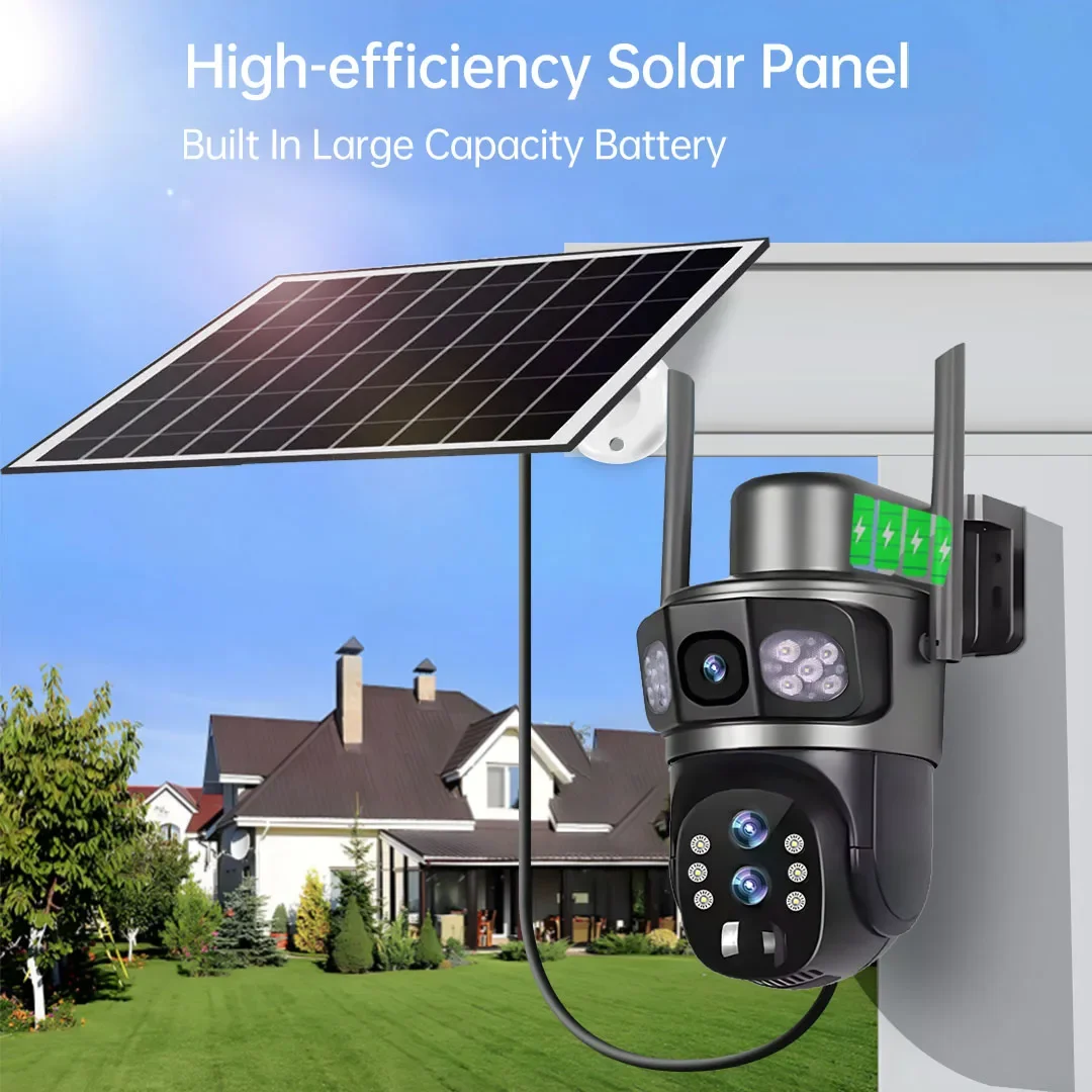 Three Lens 10X Zoom 4G Sim Solar Camera Outdoor 6K 12MP Security Surveillance Camera 360 Human Auto Tracking Solar CCTV V380 Pro