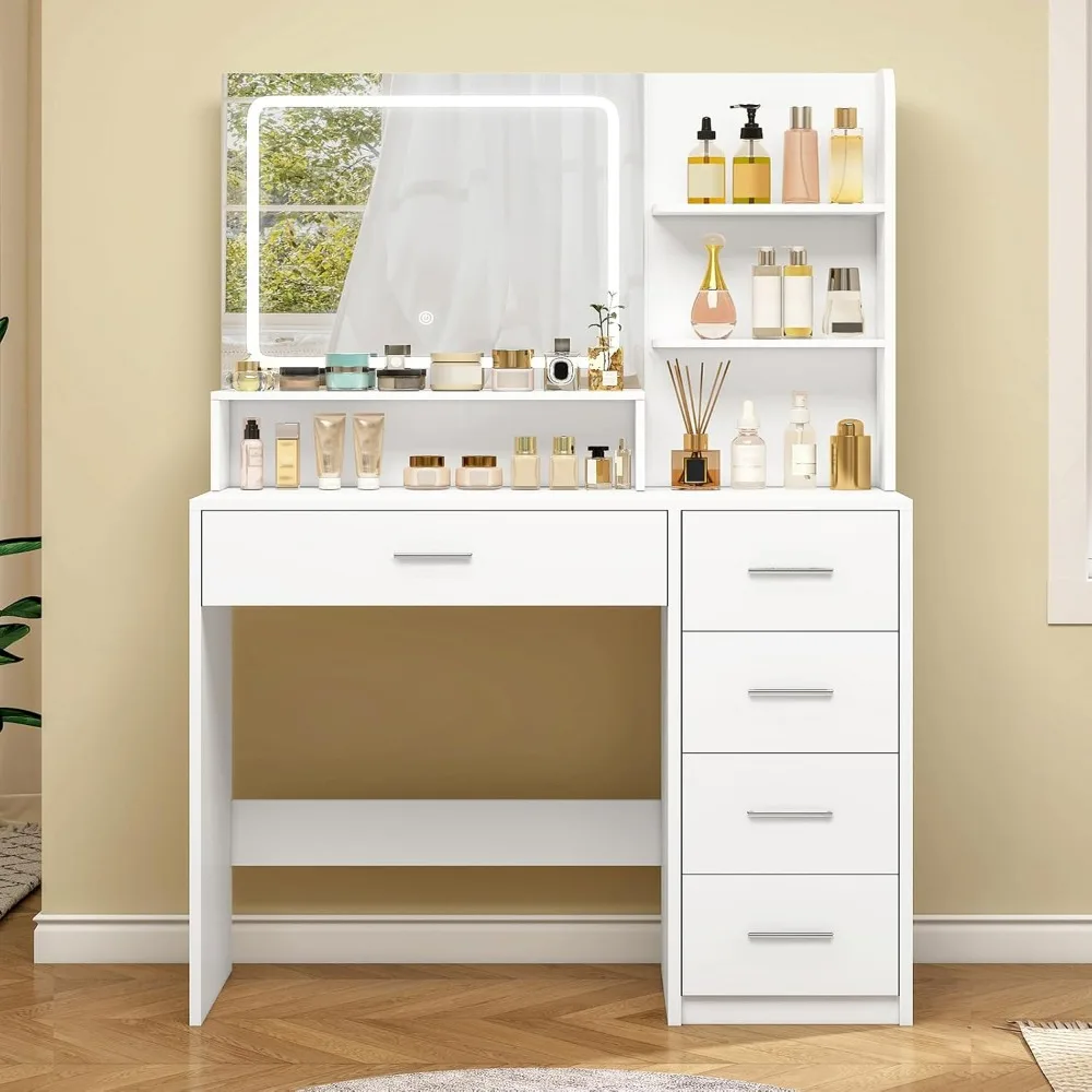 

Makeup Vanity Desk with LIighted Mirror, Vanity Desk with 5 Drawers & Storage Shelves, Vanity Table, 3 Color Modes &Adjustableu