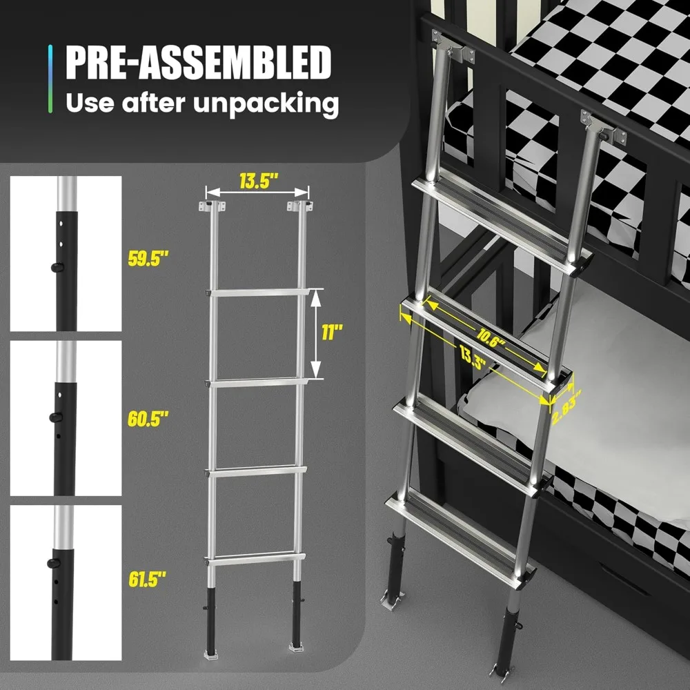 Escalera para litera premontada de 61,5", 3 niveles de altura ajustables, escalera para litera RV de aluminio con 4 escalones antideslizantes