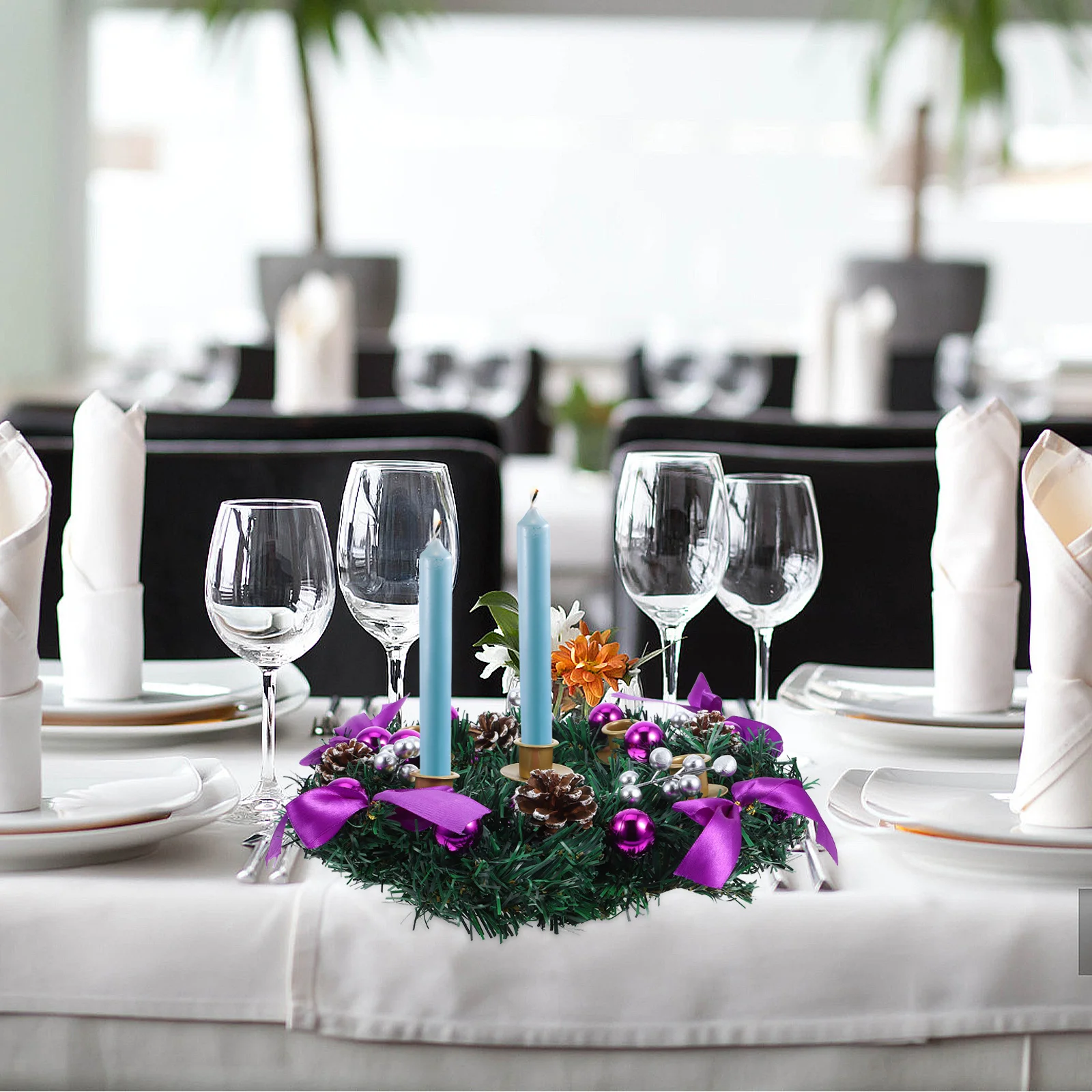 

1pcs Ring Holder Red Berry Wreath Purple Ribbons Christmas Tabletop Decoration Holiday Advent Candles Stand Xmas