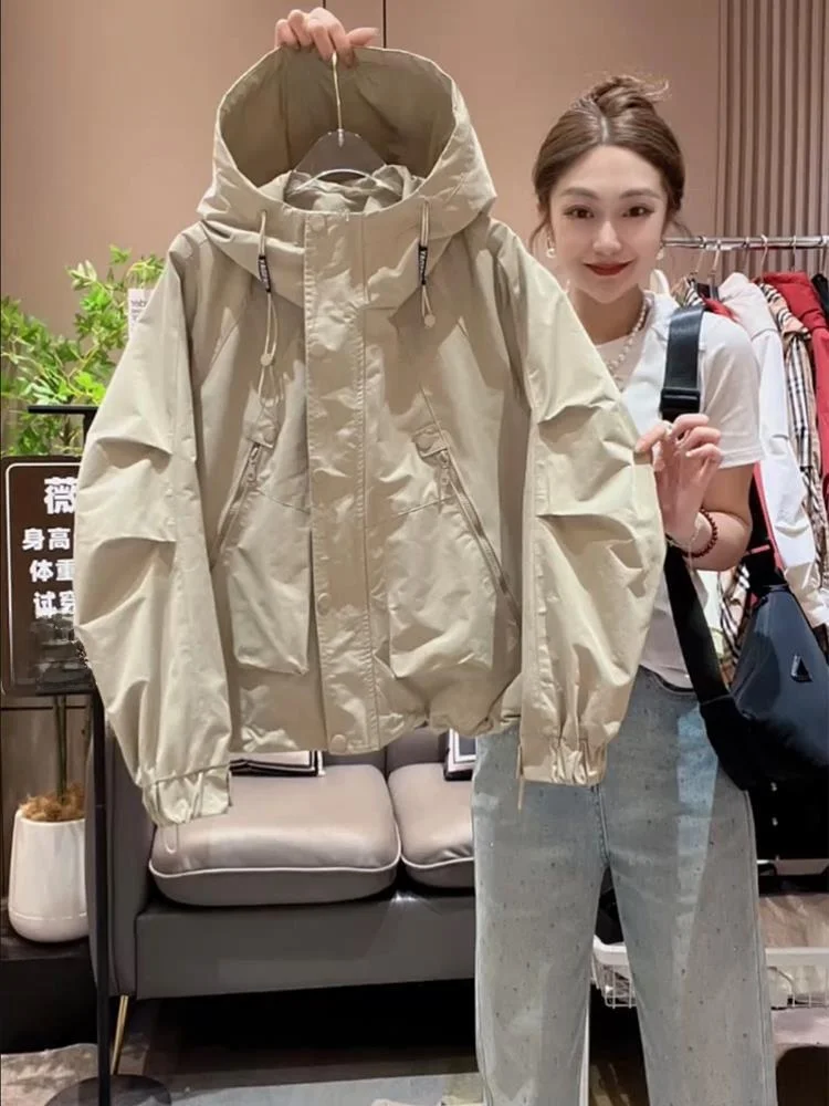 Stylish Women's Long Sleeve Hooded Jacket Spring Autumn Zipper Pocket Loose Baseball Style Windbreaker Outerwear Coat