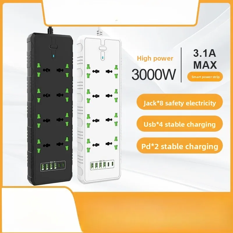 Power Strip 3000w Home Office Plug-in Board Dormitory Socket with Cable Universal Hole USB Multi-plug Socket