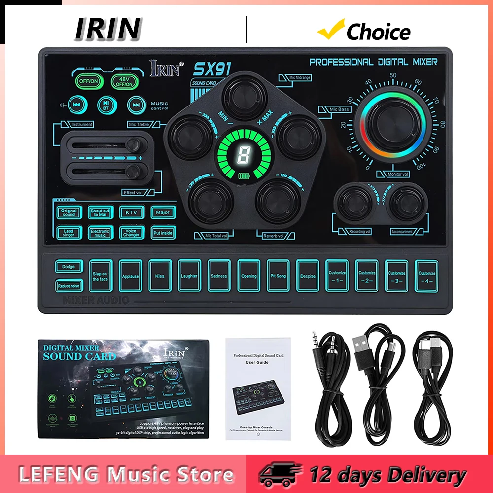 IRIN SX91 Audio Mixer Sound Card with Voice Changer Mixer Sound Card for Phone Gaming Karaoke Studio Live Streaming Podcast