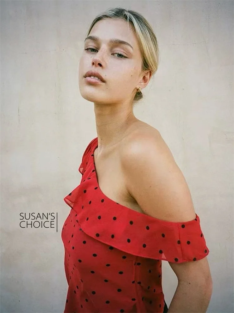 

SUSAN Французский шелковый топ в горошек, красный топ с открытыми плечами, женская верхняя одежда ort Length, женский французский жилет Faion