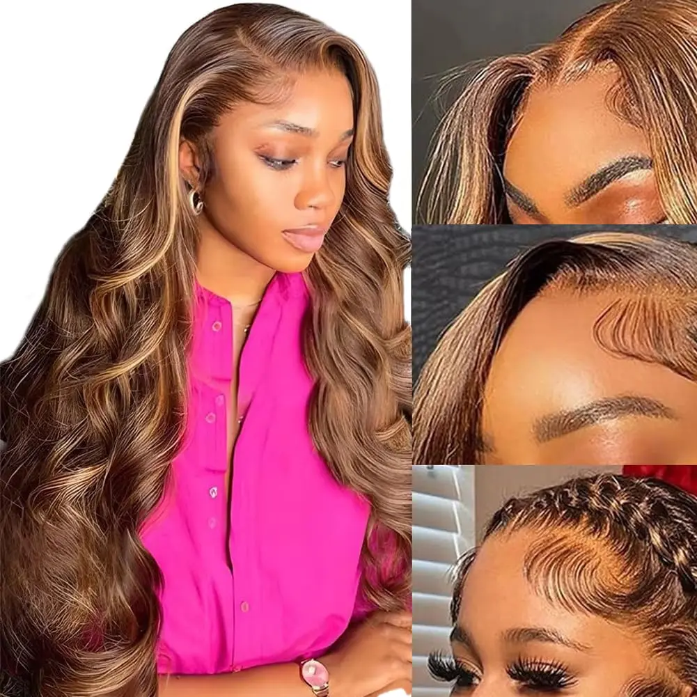 Highlight Ombre Lace Front Wig Human Hair Pre Plucked 4/27 Body Wave Human Hair Wig 13x4 HD Transparent Lace Frontal Wigs