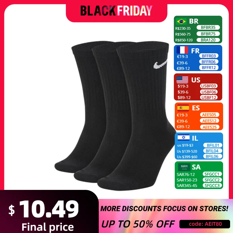 Nike Everyday Lightweightcrew Unisex Sports Socks Men's and Women's 3 Pairs Stockings for Athletic Training S M L XL SX7676