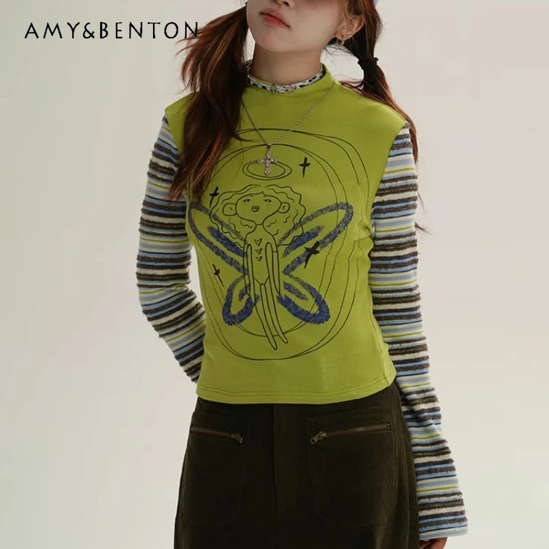 

Autumn New Green Splicing Striped Y2K High Neck Women's Bottoming Shirt Japanese Design Cartoon Print Long Sleeve T-Shirt Ladies