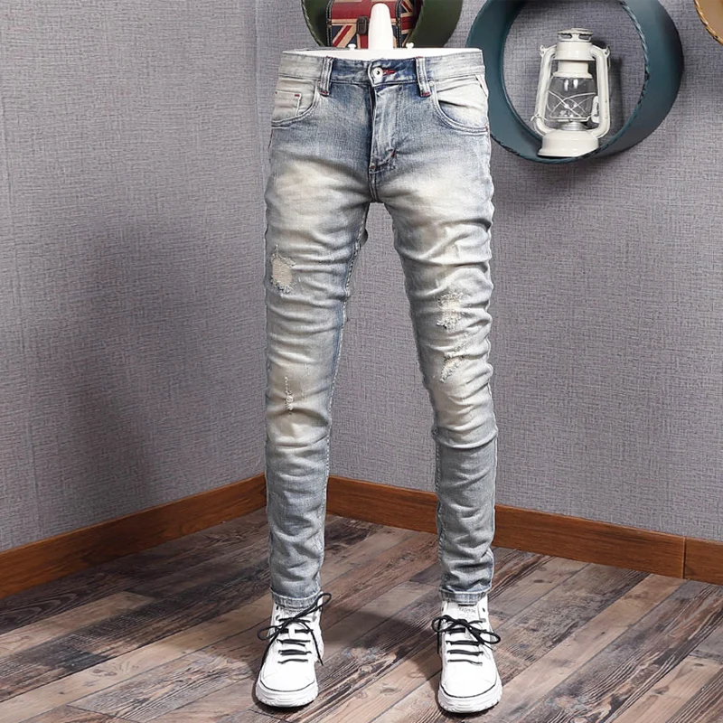 Streetwear Fashion Men Jeans Retro Light Gray Blue Elastic Slim Fit Ripped Jeans Men Vintage Designer Casual Denim Pants Hombre