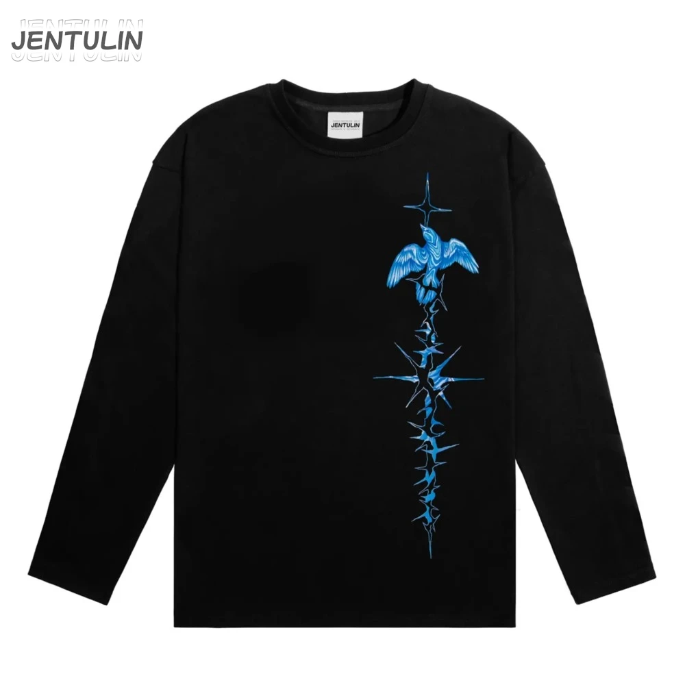 Men's Tshirt Streetwear Bright Side Oversize Print Autumn Hip Hop Korean Long Sleeve Y2k Tops Tee Cotton Graphic Unisex Clothing