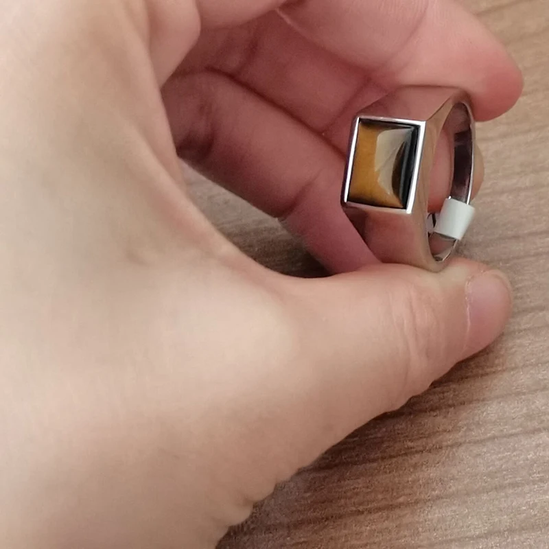 Classic Men\'s Square Natural Tiger Eye Stone Ring Simple Fashion Silver Color 316L Stainless Steel Engagement Jewelry for Men