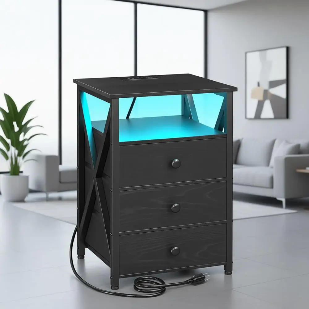 

Светодиодная прикроватная тумбочка с зарядной станцией, умный приставной столик с USB-портом и розеткой, прикроватная тумбочка с тканевыми ящиками для B