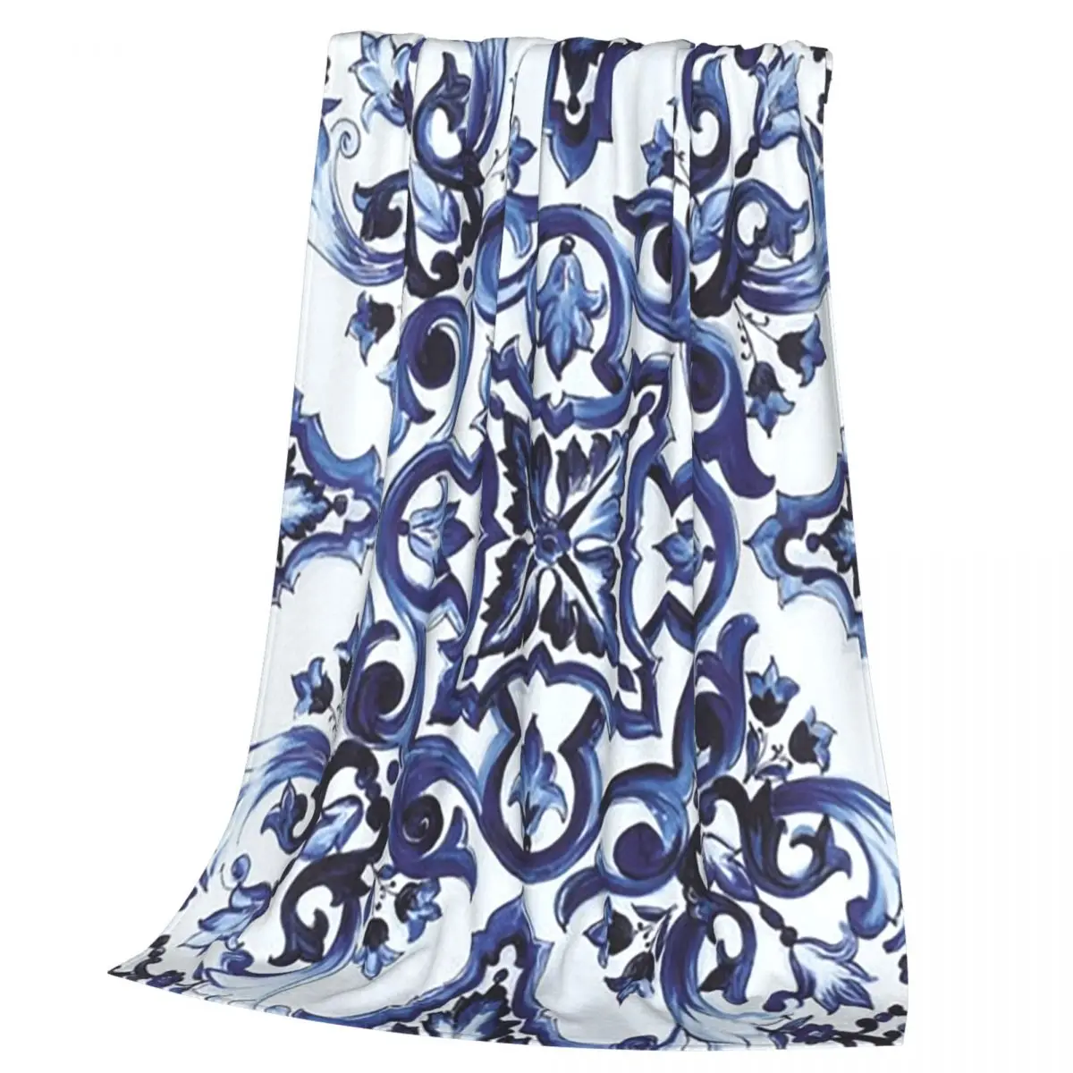 Blue Ornate Floral Mediterranean Sicilian Tile Blanket Soft Warm Flannel Throw Blanket Cover for Bed Picnic Travel Home Sofa
