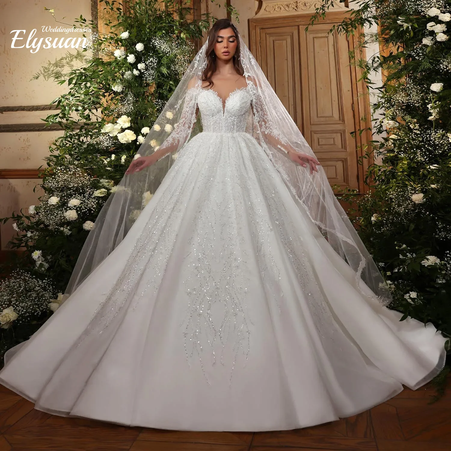 

Customized Long Sleeve Ball Gown Wedding Dresses O-Neck Gorgeous Beading Appliques Luxury Robe De Mariage Vestidos De Novia
