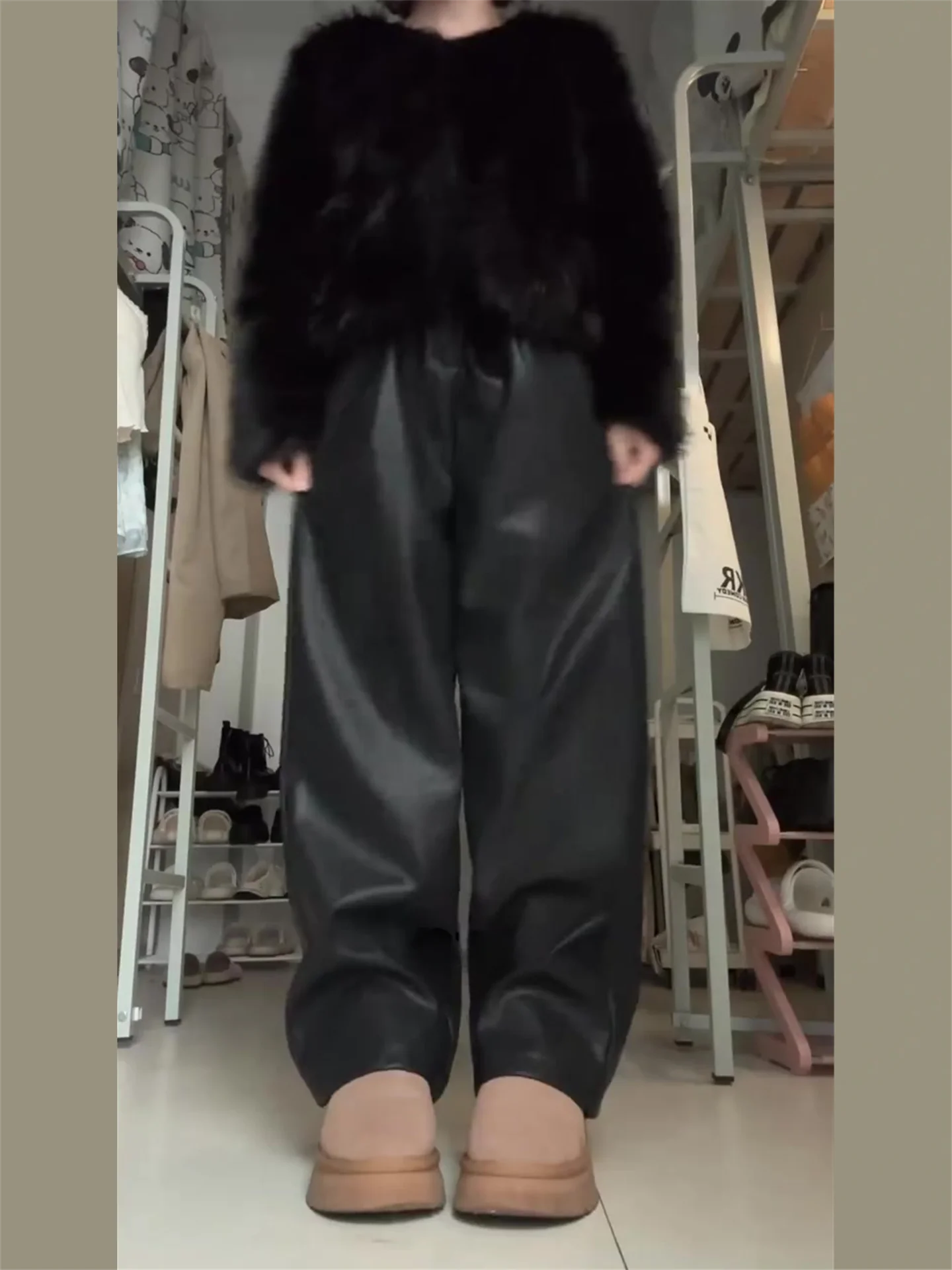

High Waist Wide Leg Brown Leather Pants plus Size Conceal Meat Slimming Casual Bla Pants Women's High End Feel Spring Autumn