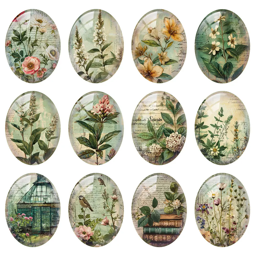 Random Mixed Round/Oval/Square Herbaceous Flower Green Retro Photo Glass Cabochon Flatback Demo Cameo For Diy Jewelry Making