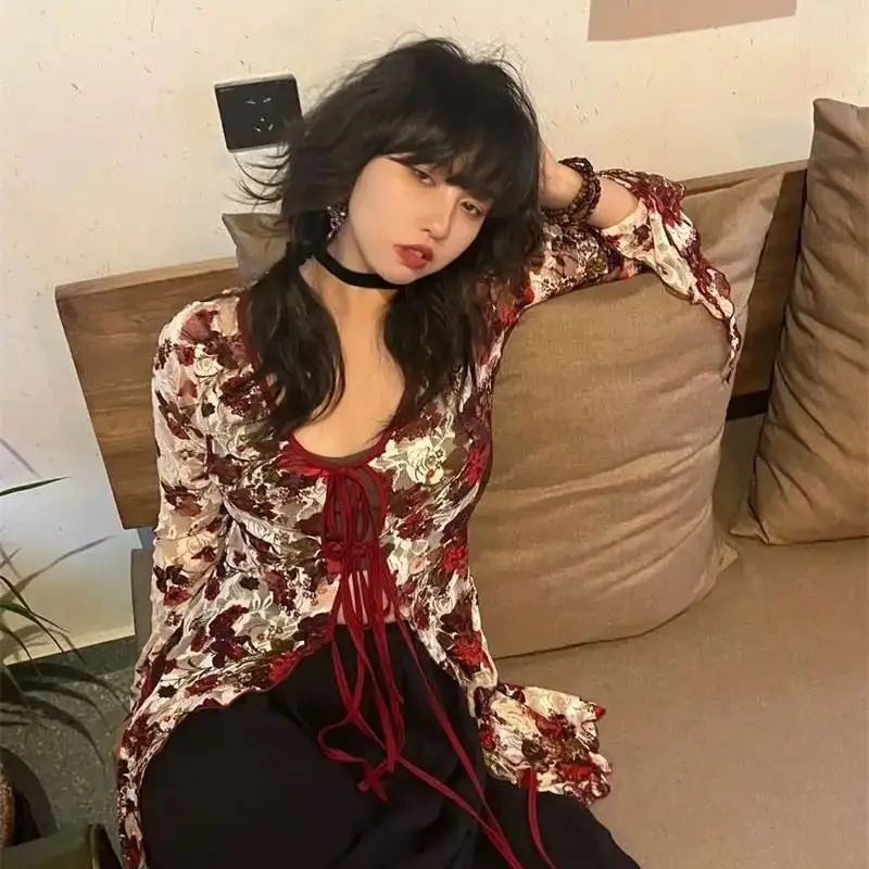 

Retro T-Shirt Gothic Flower Slit Swallowtail Mid-Length Strappy Cardigan Sun Protection Lace Shirt Women