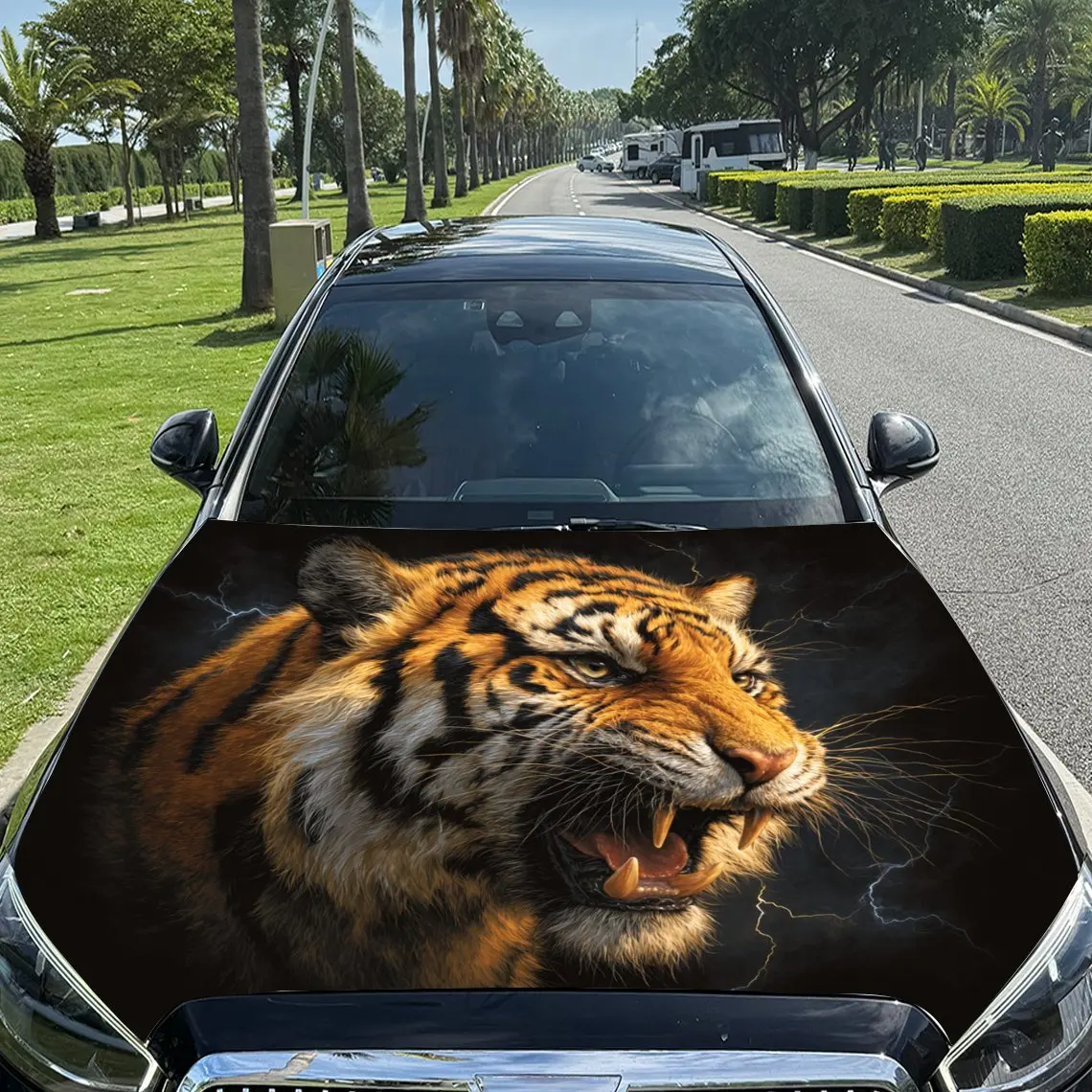 Car Decals A Tiger With A Fierce Expression In A Dark - Hued Space Car Hood Sticker, Waterproof Self - Adhesive Vinyl Graphics D