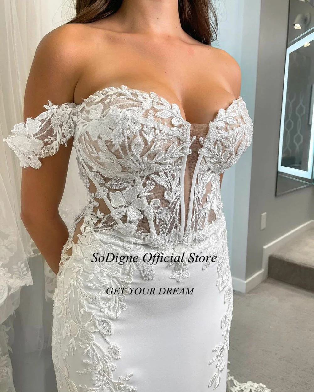 Sodigne sodigne cetim macio sereia vestidos de casamento profundo decote em v rendas vestidos de noiva fora do ombro vestidos de festa de casamento