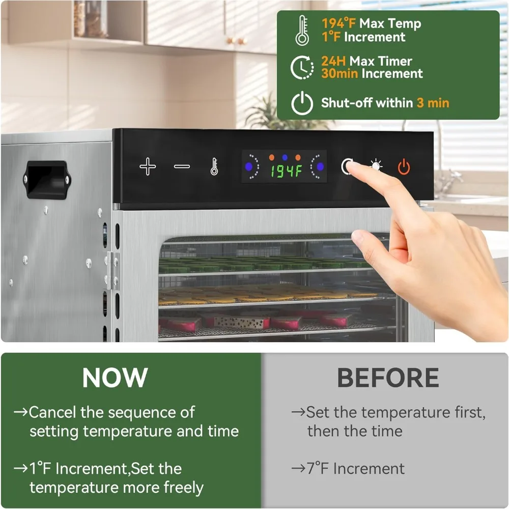 เครื่องอบแห้งอาหารแบบถาด – ปรับอุณหภูมิได้ 600 วัตต์ (86 ℉ -194 ℉ ) และตัวตั้งเวลาแบบดิจิตอล ทำงานเงียบ เหมาะสำหรับเนื้อแห้ง ผลไม้ และผัก