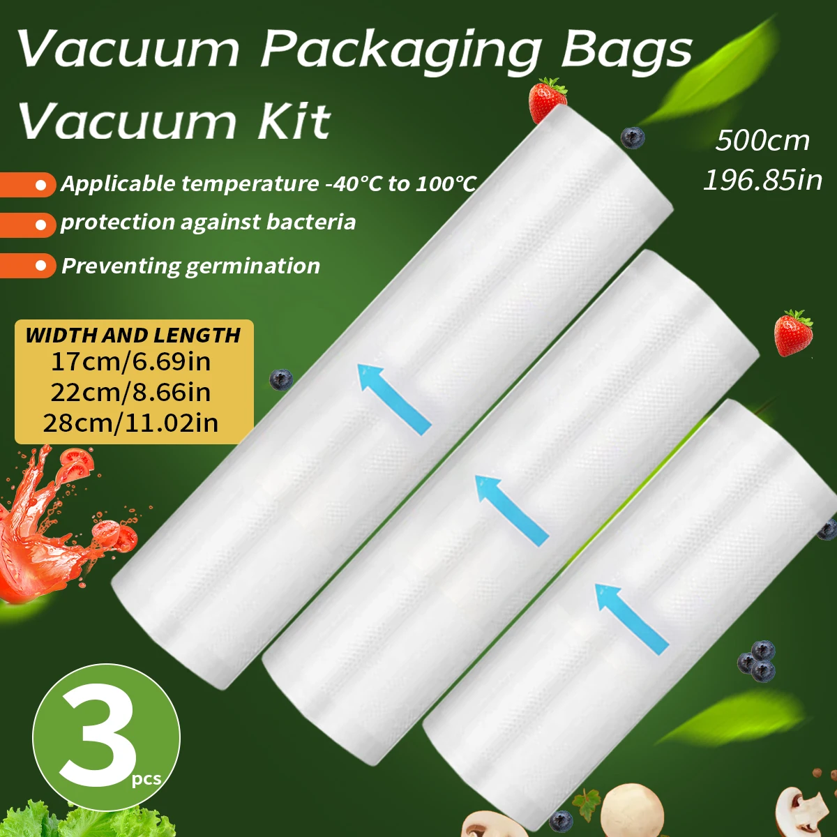 3pcs of 5m food roll bags with different sizes, free of bisphenol A, co extruded diamond patterned vacuum preservation bags