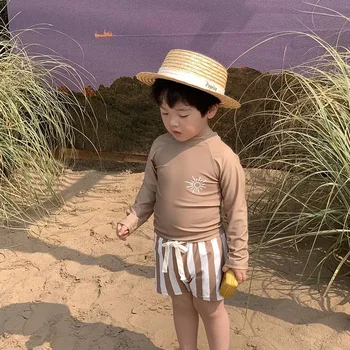 Color Block Baby Boys Swimsuit Set 3 Baby Boys Swimming Wear Spell Color Long Sleeve Swimsuit + Shorts 2pcs Suit Children Quick Drying Swimwear 3