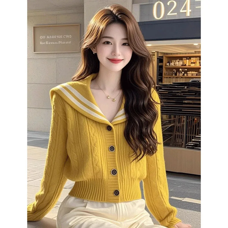 

Осень-зима 2022, новый вязаный кардиган с v-образным вырезом, куртка-свитер, женский высококачественный элегантный короткий свитер, пальто, женские топы