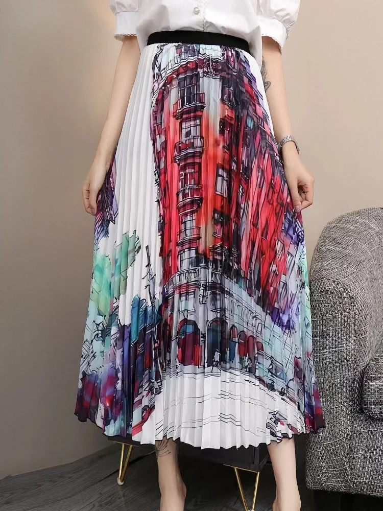 Vintage Building Print Pleated Skirts for Woman 2026 Spring Summer Jupe High Waist Elastic Midi Skirt Female Young Casual Swing