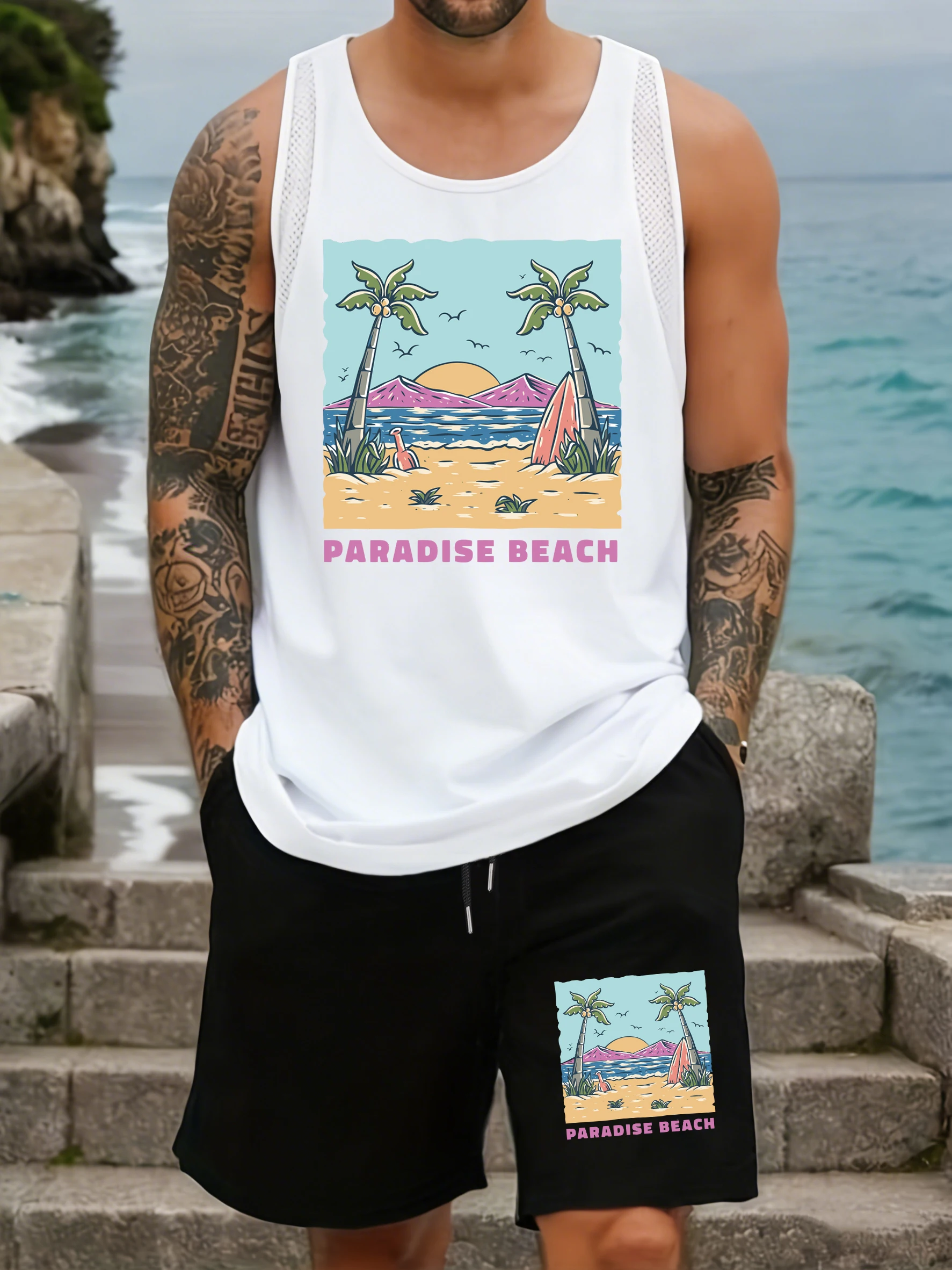 

Pardise Beach Coconut Tree Print Man Vest Suit O-Neck Sleeveless Mesh Tank Tops Drawstring Pocket Shorts Summer Wide-Leg Pant