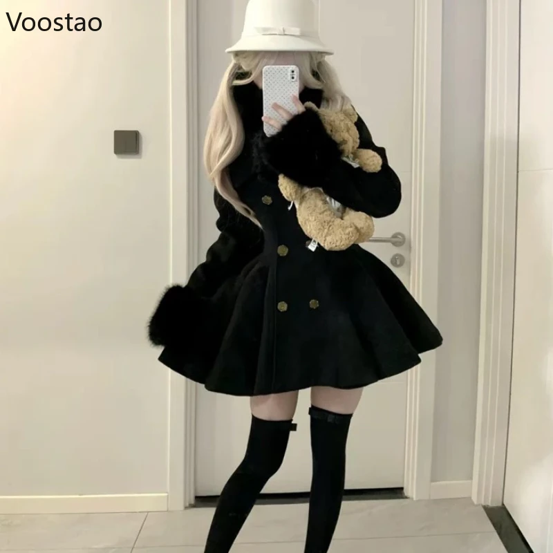 Autumn Winter Japanese Elegant Lolita Woolen Coat Women Sweet Fur Collar Slim Jacket Female Korean Y2k Warm Dress Cute Overcoat