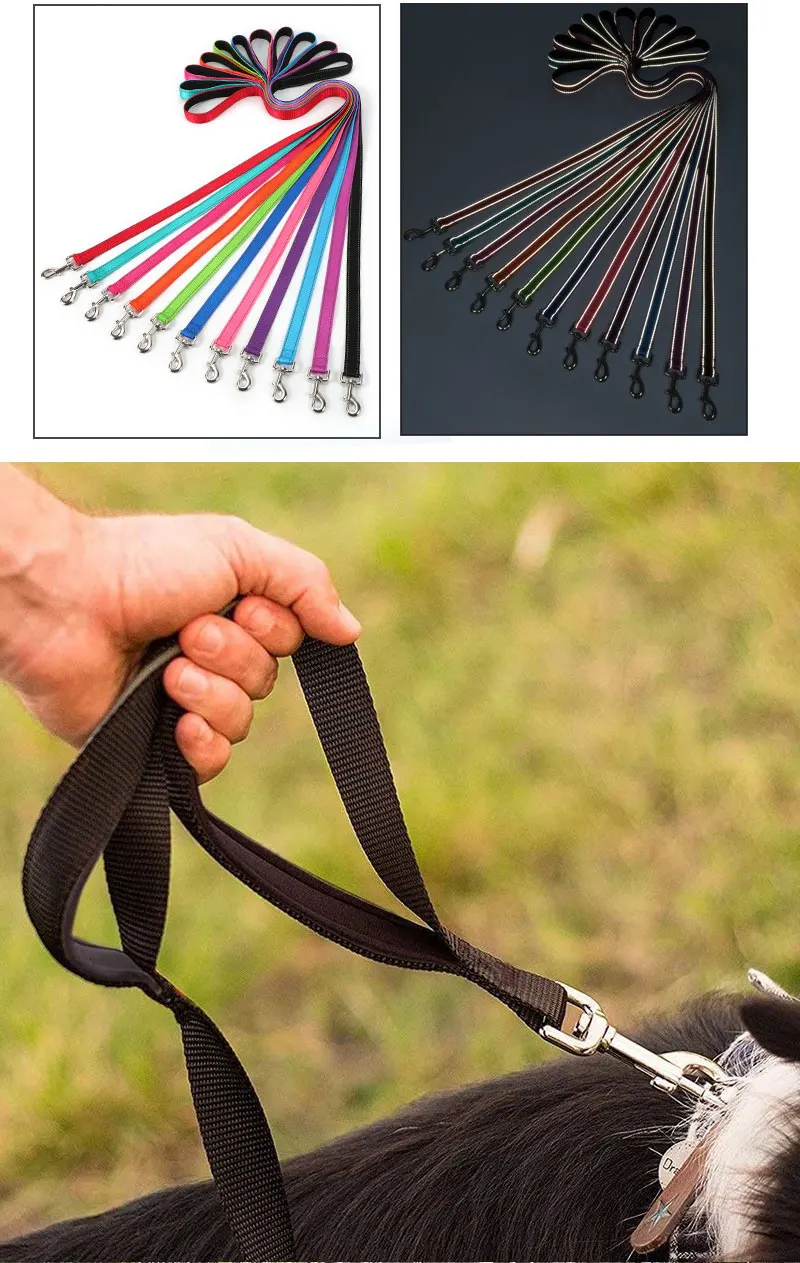 Lange, gepolsterte Hundeleine aus strapazierfähigem Nylon mit zwei Griffen für Training und Kontrolle, doppelseitig reflektierend für nächtliche Sicherheit – Detail 6