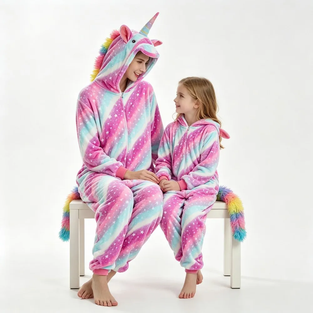 Rainbow Unicorn Kigurumi Pajamas One Piece Hooded Jumpsuits Kids Onesies Girls Sleepwear Pijamas Animals Tiger Cosplay Costumes