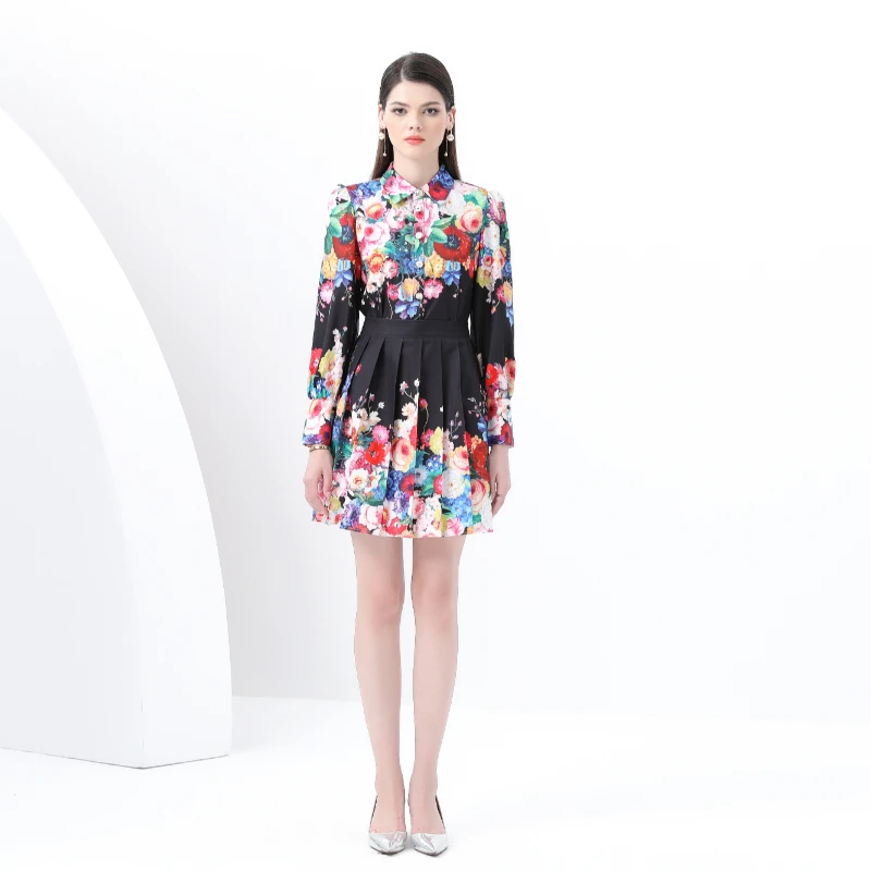 

2025 Spring/Summer French Set Actress Elegant Vacation Style, Oil Painting Printed Shirt, Hundred Fold Mini Skirt, Two Piece Set