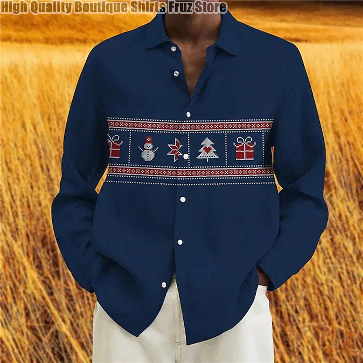 Christmas Men\'s Linen Long Sleeve 3D HD Printed Shirt Casual Comfortable Versatile Loose Extra Large Size XS-6XL Fast Shipping