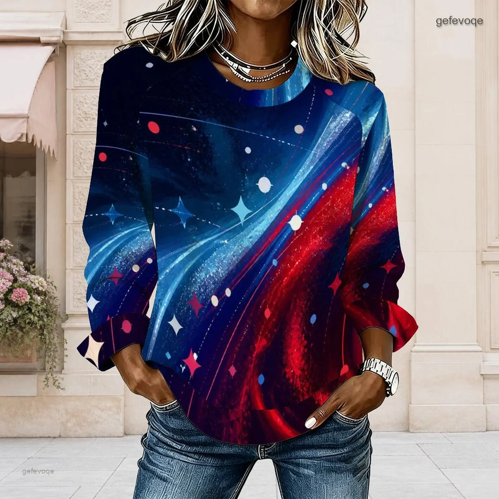 Women Round Neck Long Sleeve Printed Top Navy Celestial Star Planet Red White Blue Stripe Curved Hem Top