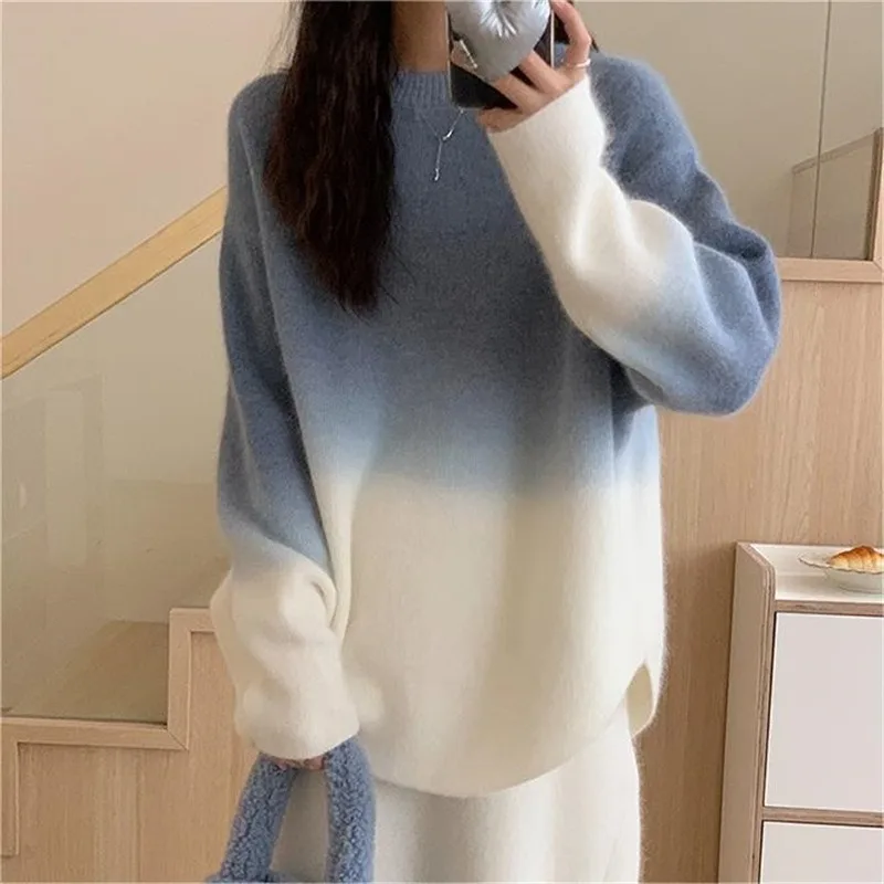 

New Women Spring Autumn O-neck One Piece Top Sweater Knit Gradient Loose Soft Fashion All-match Outdoor