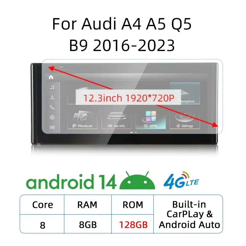 Qualcomm 8 + 128G Draadloze Carplay Voor Audi A4 A5 Q5 B9 2016-2023 Auto Multimedia Speler Android 14 Auto Stereo GPS Touchscreen