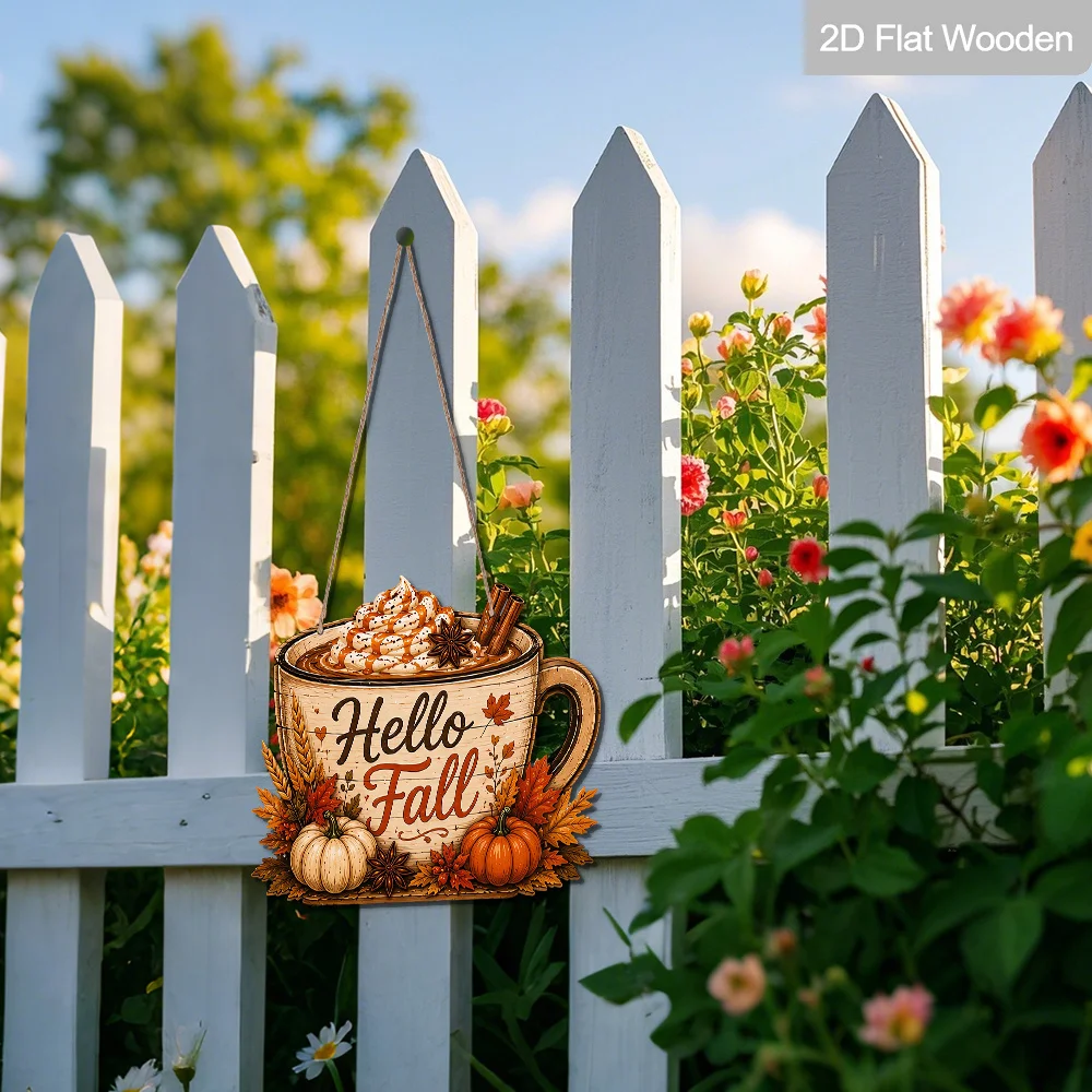 2D Holzschild „Hello Fall“ für Kaffeetassen zum Aufhängen, Kürbis-Zimt-Ahorn-Weizen-Motiv, Bauernhaus-Stil, Herbst-Dankeschön-Schild für Haustür und Wand – Detail 8
