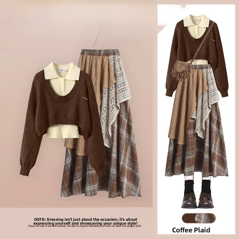 

Retro Knitted Sweater Set Women's Anti-Aging Base Layer irt with Irregular Plaid Skirt Tee-Piece Set Autumn Faion Ensemble
