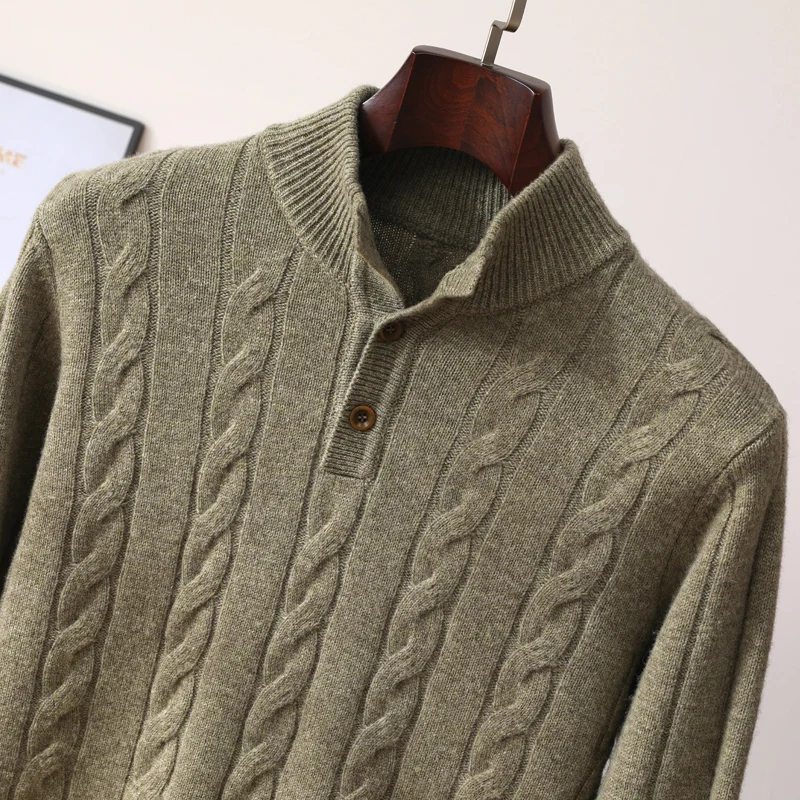 DjzDsm Autunno Inverno Maglione da uomo Collo a lupetto Pullover 100% lana merino Maglieria Bottone Mezza aperta Fiore intrecciato Nuovi top alla moda