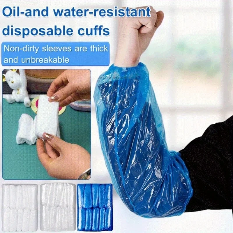 

100 Pcs Protective Waterproof Disposable Plastic Arm Sleeves Covers Oversleeves Oil-Proof with Elastic Wrist Kitchen Restaurant