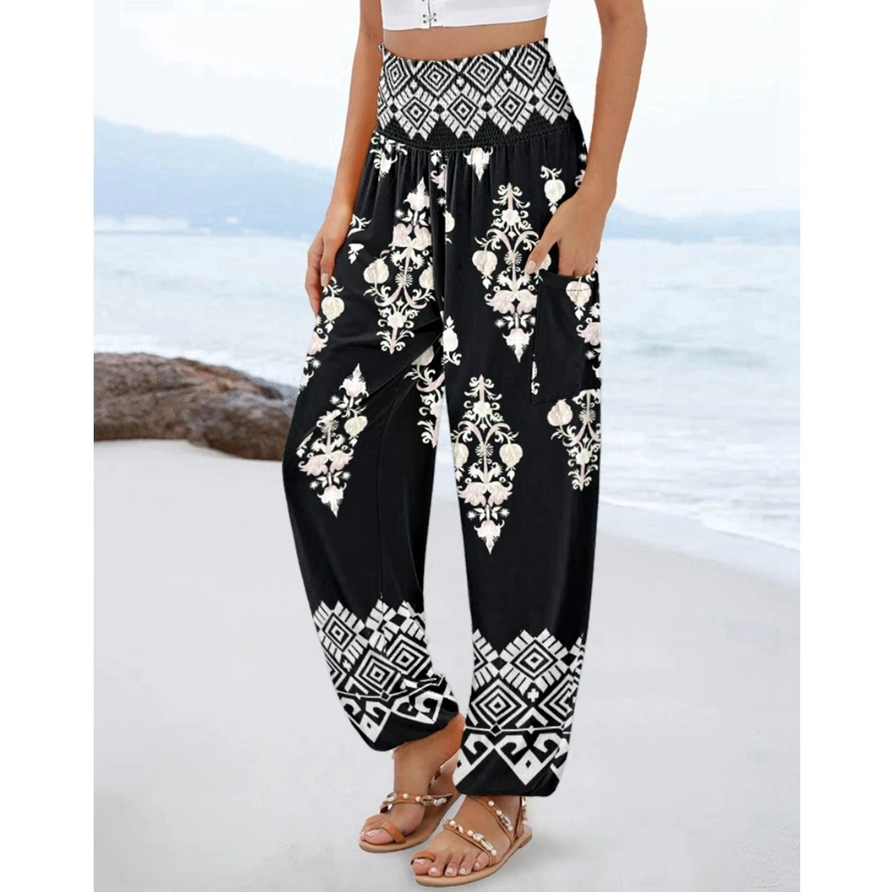 Women Fashion Streetwear Baggy Pants Shirring High Waist Pants Vintage Floral Print Cuffed Pants Casual Work Out Pants