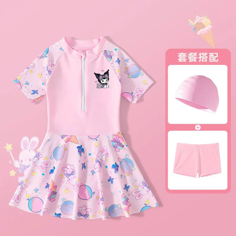 Kawaii Kuromi Maiô para Meninas, Saia Doce, Roupas de Férias Praia, Cartoon Kids Swimwear, Biquíni, Roupa Interior, Presente Secagem Rápida, Verão