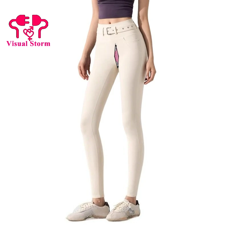 Women Open Crotch Zipper Pants Adjustable Waist High Waisted Butt Lifting Fitness Leggings Full Length Outdoor Sports Breathable