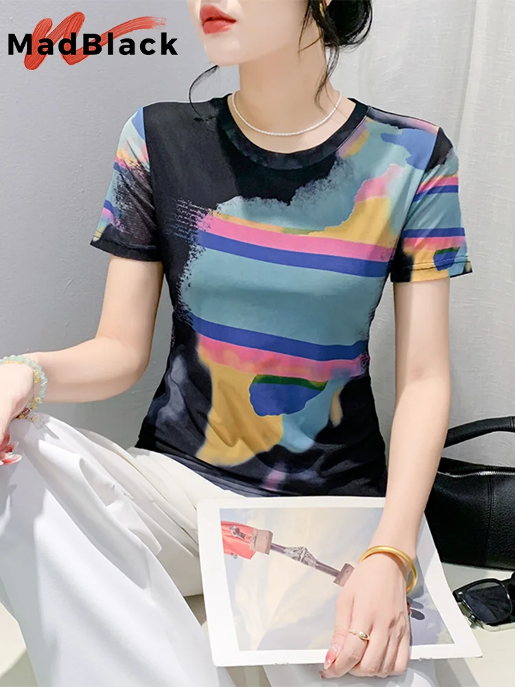 

Женская футболка с круглым вырезом MadBlack, европейская одежда, пикантный топ с принтом, сетчатая модная футболка с коротким рукавом, лето-осень 2024, T47554QM