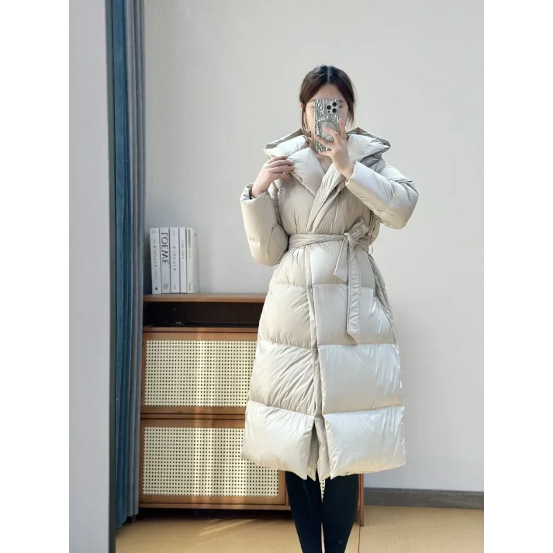 Winter Jackets Woman 2024 Thick Warm Hooded Long Down Coats Fake Two-piece White Duck Down Elegant Tie Belt Long Women's Coat