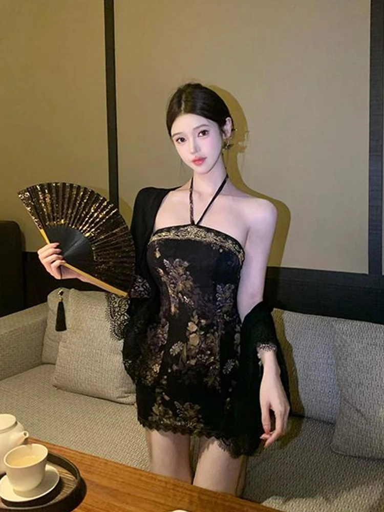 

XZY Retro Chinese Floral Print ter Ne plus Size Lace Open Cardigan Set Women Summer Slim Fit High Waist ort Skirt