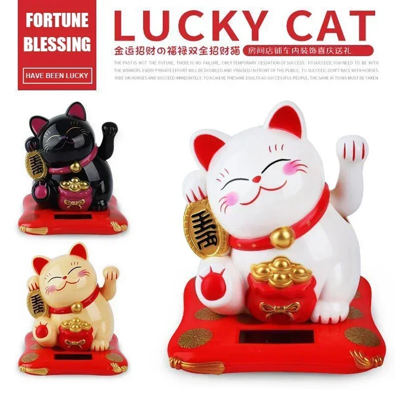 Japanese Solar Powered Wave Hand Lucky Cat Car Decorations Beckoning Fortune Cat Figurines Car Accessories