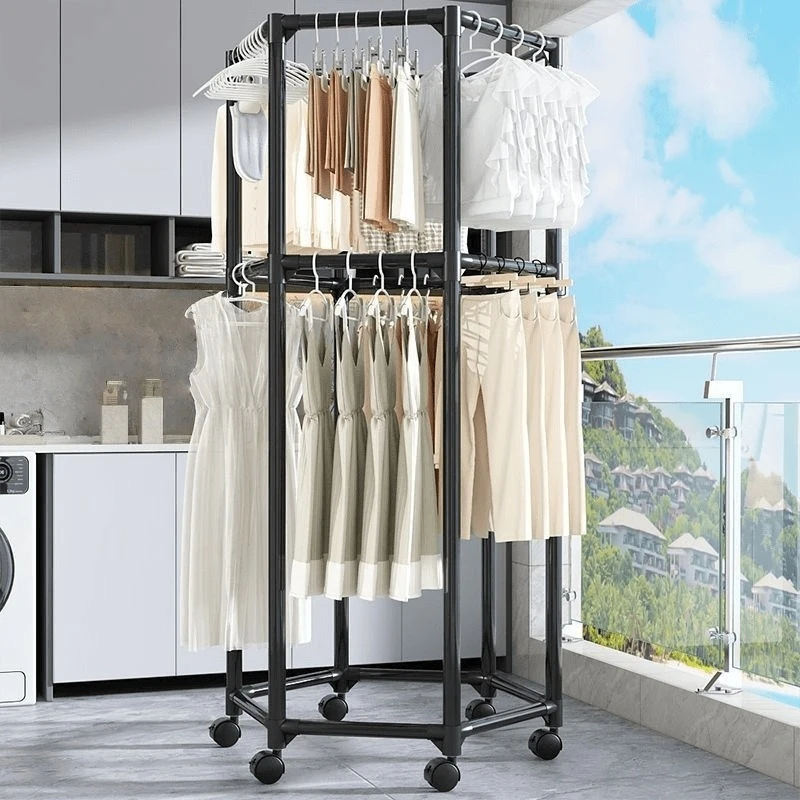Home Indoor Convenient Living Room Furniture Rotating Movable Drying Rack Balcony Push-pull Hanging Hexagonal Drying Coat Racks