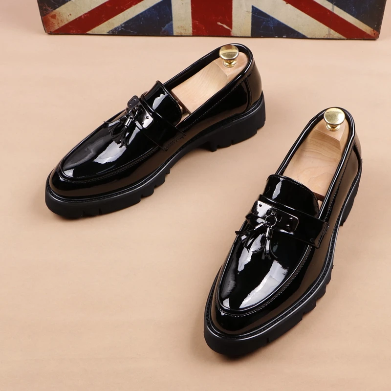 

men's fashion wedding prom dresses black patent leather tassels shoes slip on lazy shoe breathable loafers platform footwear man